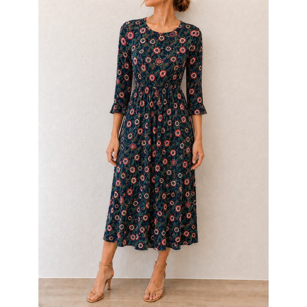 BODEN Floral Meadow Vine Jersey Midi Dress Pink Green Flute Sleeve | US 10L
